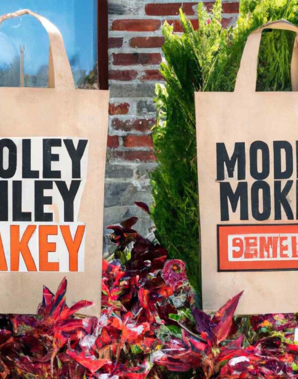 Reusable grocery tote bags at a local market storefront