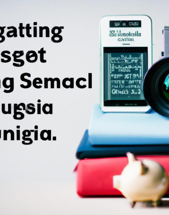 Calculator, camera and piggy bank for budget shopping abroad