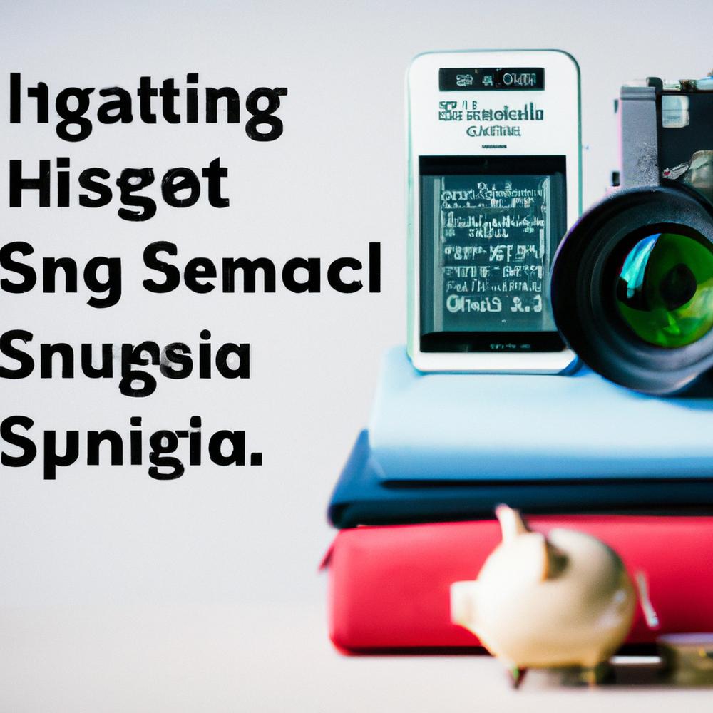 Calculator, camera and piggy bank for budget shopping abroad