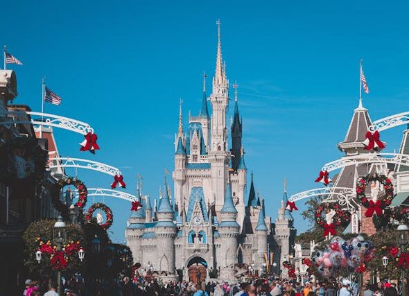 Orlando theme park castle on a decorated main street