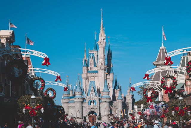 Orlando theme park castle on a decorated main street